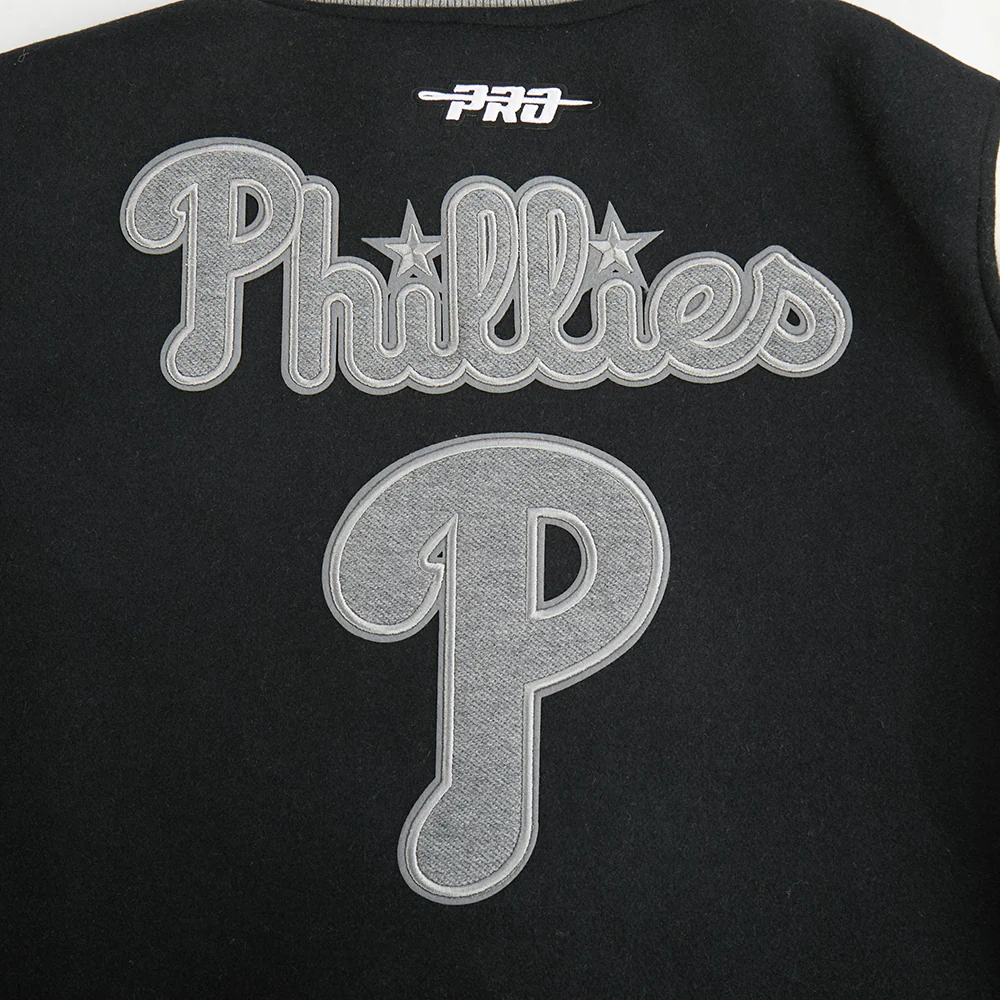 MLB PHILADELPHIA PHILLIES REVERSE FRENCH TERRY WOMEN'S WOOL VARSITY JA (BLACK/GRAY/EGGSHELL) - Image 9