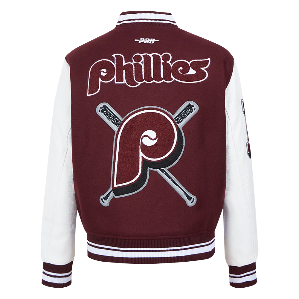 MLB PHILADELPHIA PHILLIES MASHUP WOMEN'S RIB WOOL VARSITY JACKET (WINE/WHITE) - Image 3