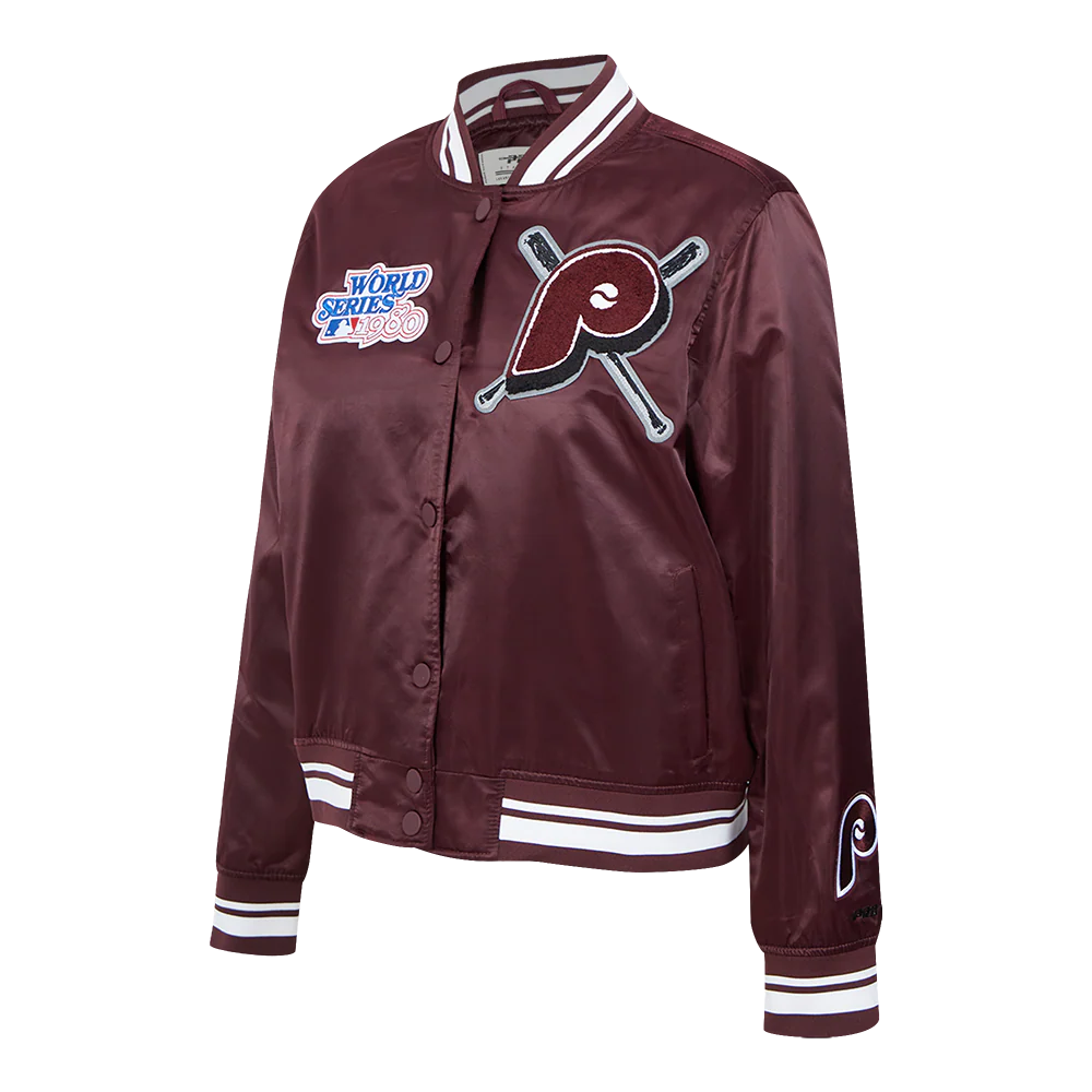 MLB PHILADELPHIA PHILLIES RETRO MASHUP WOMEN'S RIB SATIN JACKET (WINE) - Image 2