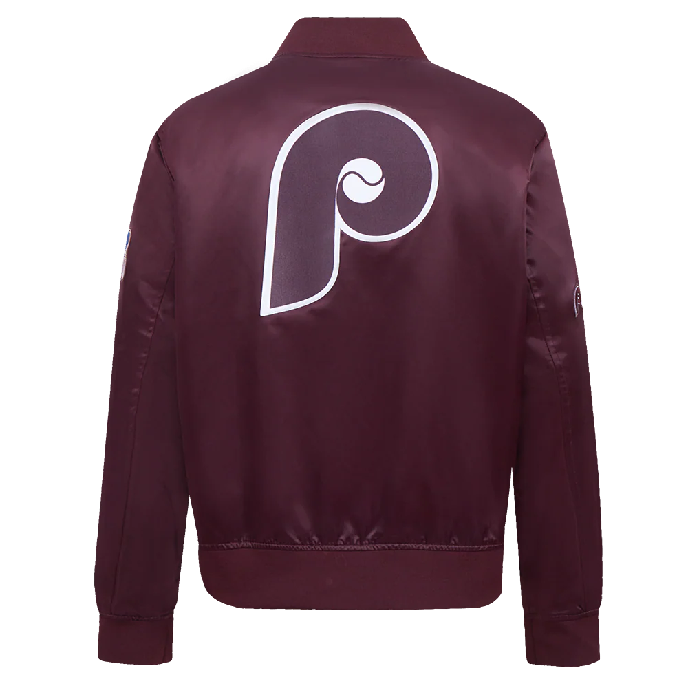 MLB PHILADELPHIA PHILLIES RETRO CLASSIC WOMEN'S SATIN JACKET (WINE) - Image 3