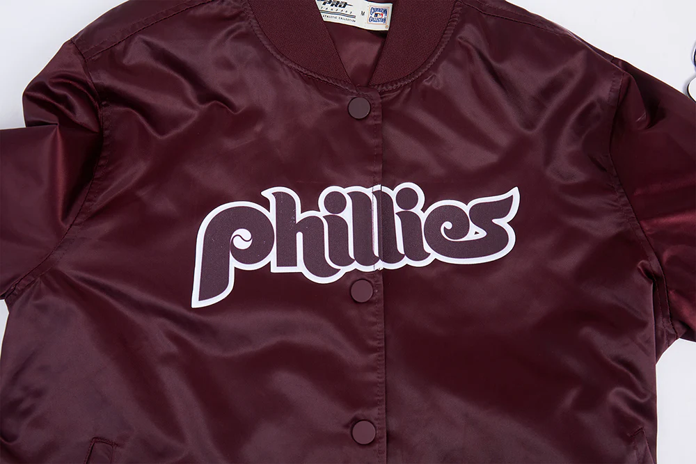 MLB PHILADELPHIA PHILLIES RETRO CLASSIC WOMEN'S SATIN JACKET (WINE) - Image 5