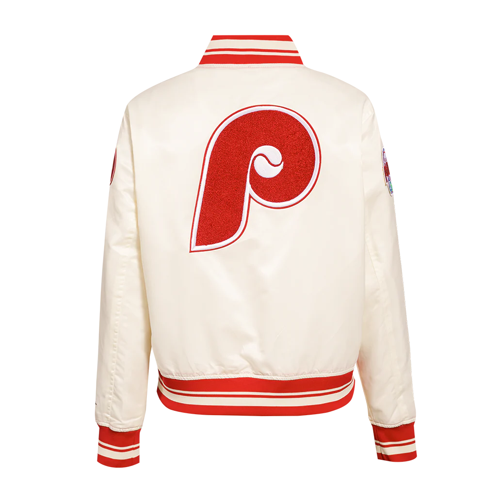 MLB PHILADELPHIA PHILLIES RETRO CLASSIC WOMEN'S RIB SATIN JACKET (EGGSHELL/RED) - Image 3