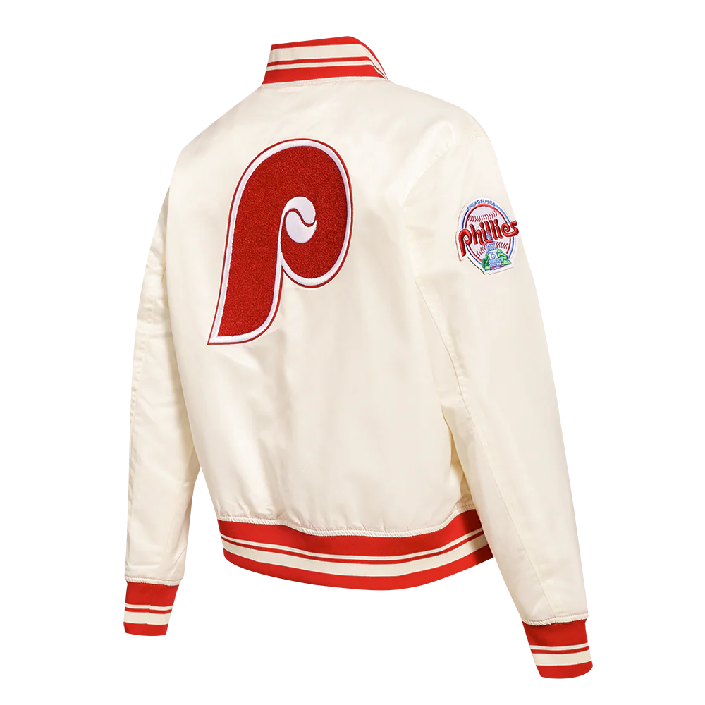 MLB PHILADELPHIA PHILLIES RETRO CLASSIC WOMEN'S RIB SATIN JACKET (EGGSHELL/RED) - Image 4