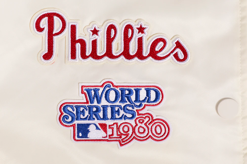 MLB PHILADELPHIA PHILLIES RETRO CLASSIC WOMEN'S RIB SATIN JACKET (EGGSHELL/RED) - Image 6