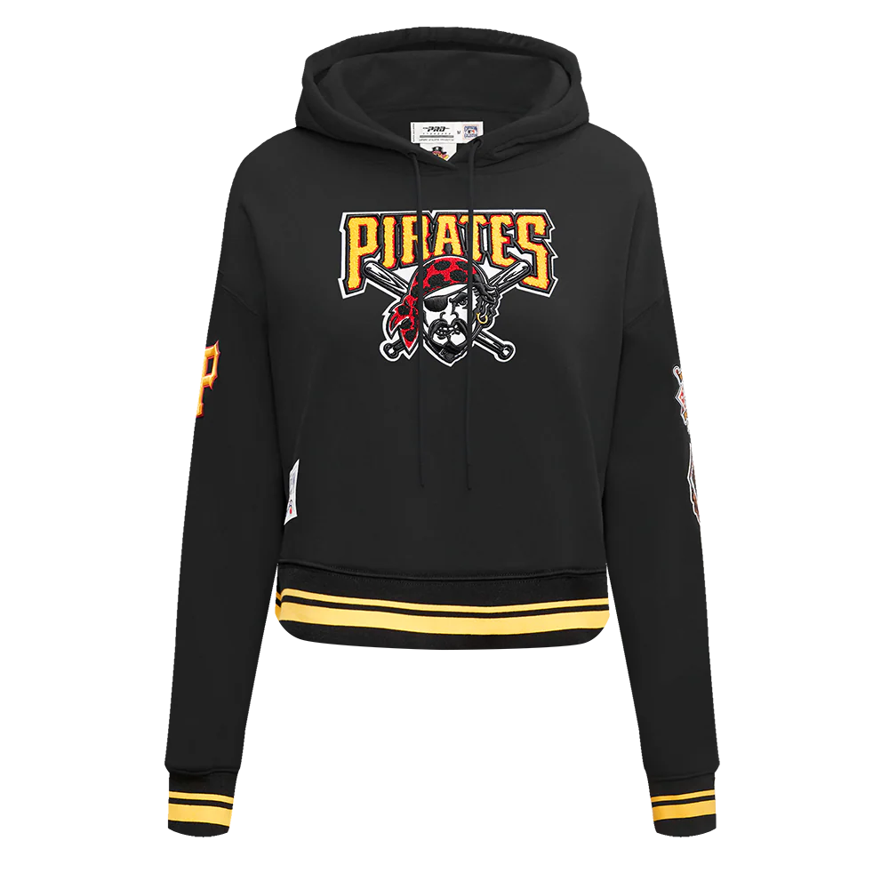 MLB PITTSBURGH PIRATES RETRO CLASSIC WOMEN'S CROPPED PULLOVER HOODIE (BLACK/YELLOW)
