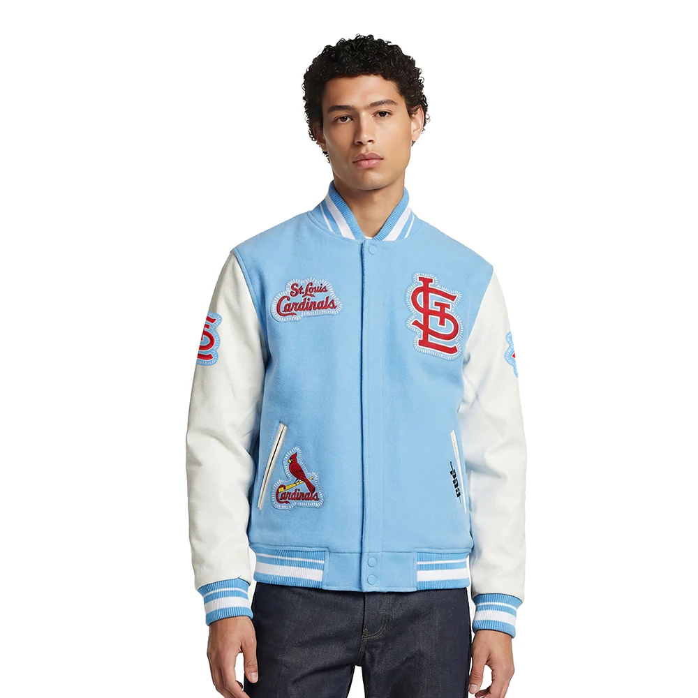 MLB ST. LOUIS CARDINALS DIY PICK STITCH MEN'S RIB WOOL VARSITY JACKET (UNIVERSITY BLUE/WHITE)