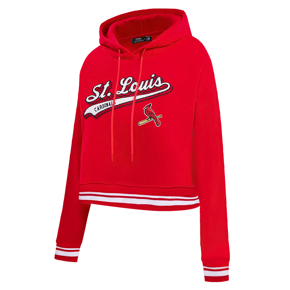 MLB ST. LOUIS CARDINALS SCRIPT TAIL WOMEN'S RIB FLEECE CROPPED PULLOVER HOODIE (RED) - Image 2