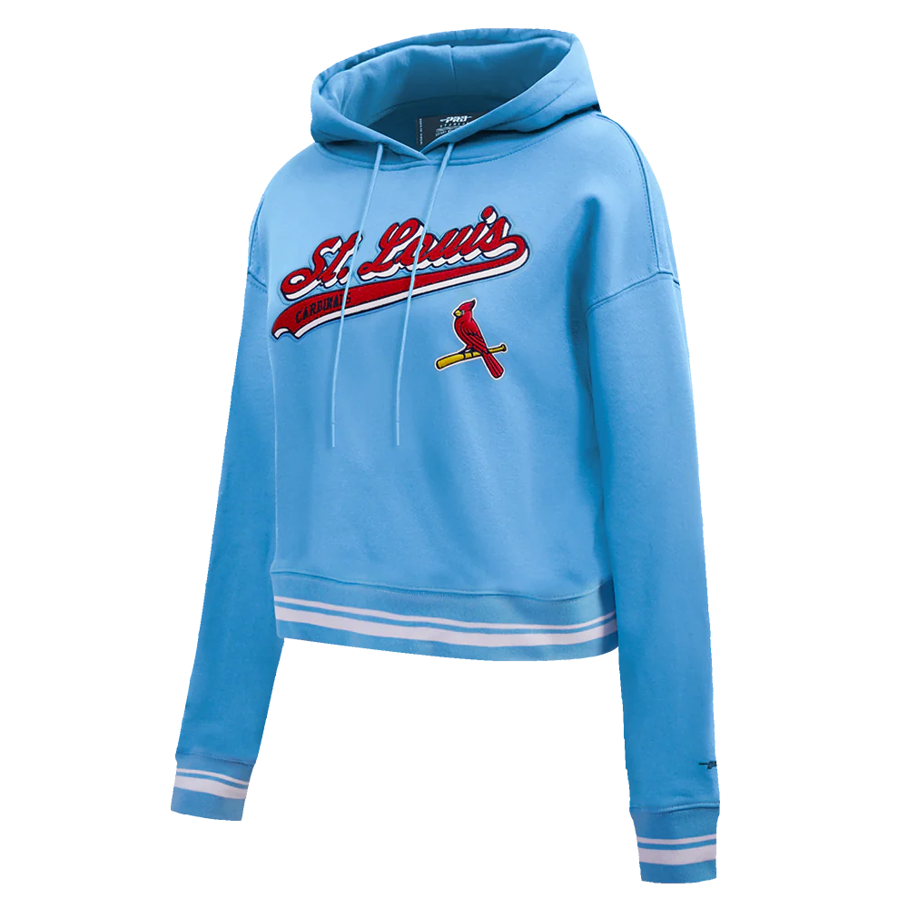 MLB ST. LOUIS CARDINALS SCRIPT TAIL WOMEN'S RIB FLEECE CROPPED PULLOVER HOODIE (UNIVERSITY BLUE) - Image 2