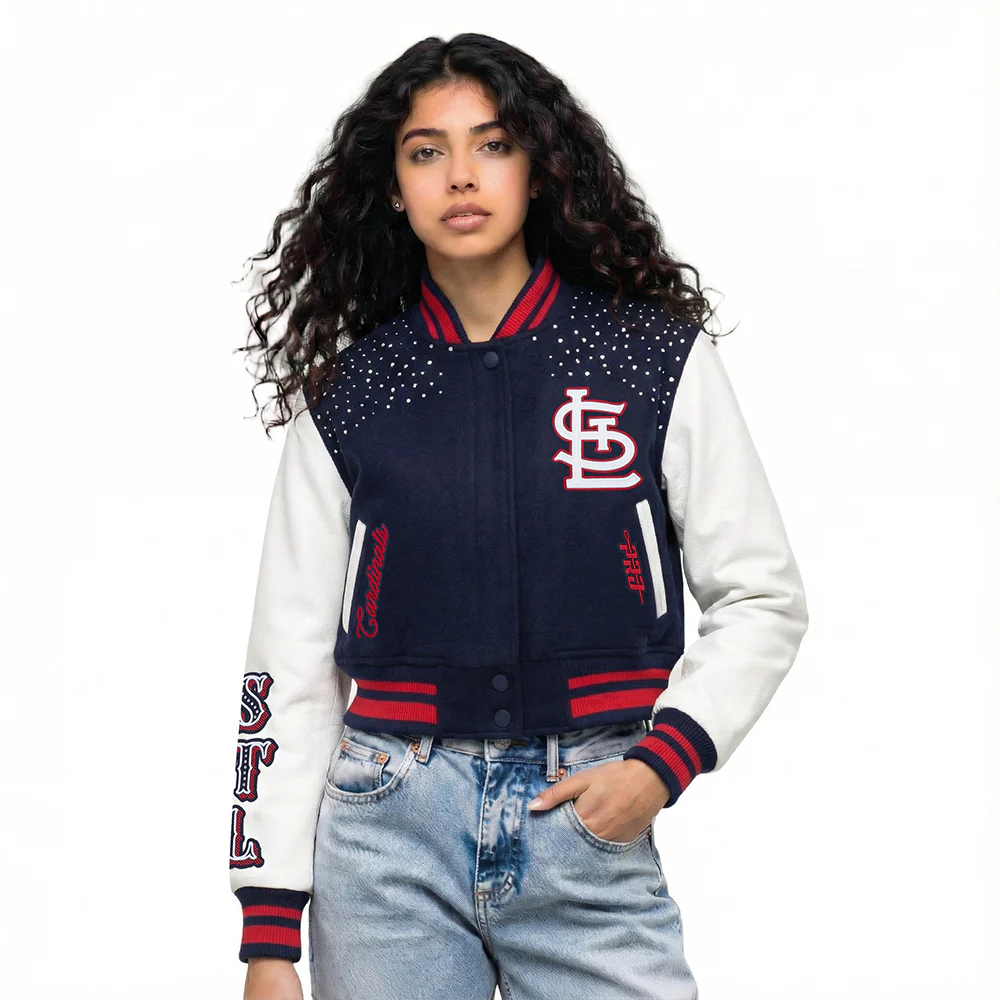 MLB ST. LOUIS CARDINALS LEGACY WOMEN'S CROPPED RIB WOOL VARSITY JACKET (MIDNIGHT NAVY/RED/MIDNIGHT NAVY)