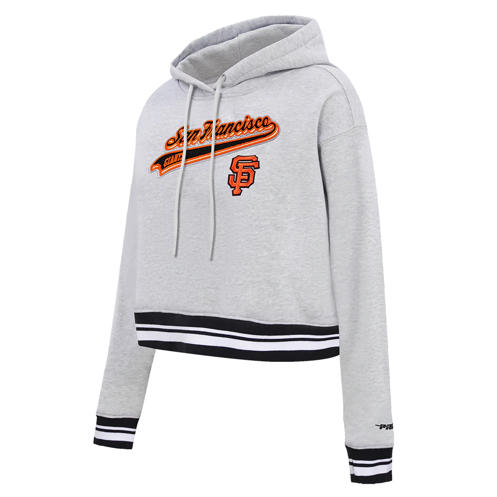 MLB SAN FRANCISCO GIANTS SCRIPT TAIL WOMEN'S RIB FLEECE CROPPED PULLOVER HOODIE (HEATHER GRAY/BLACK) - Image 2
