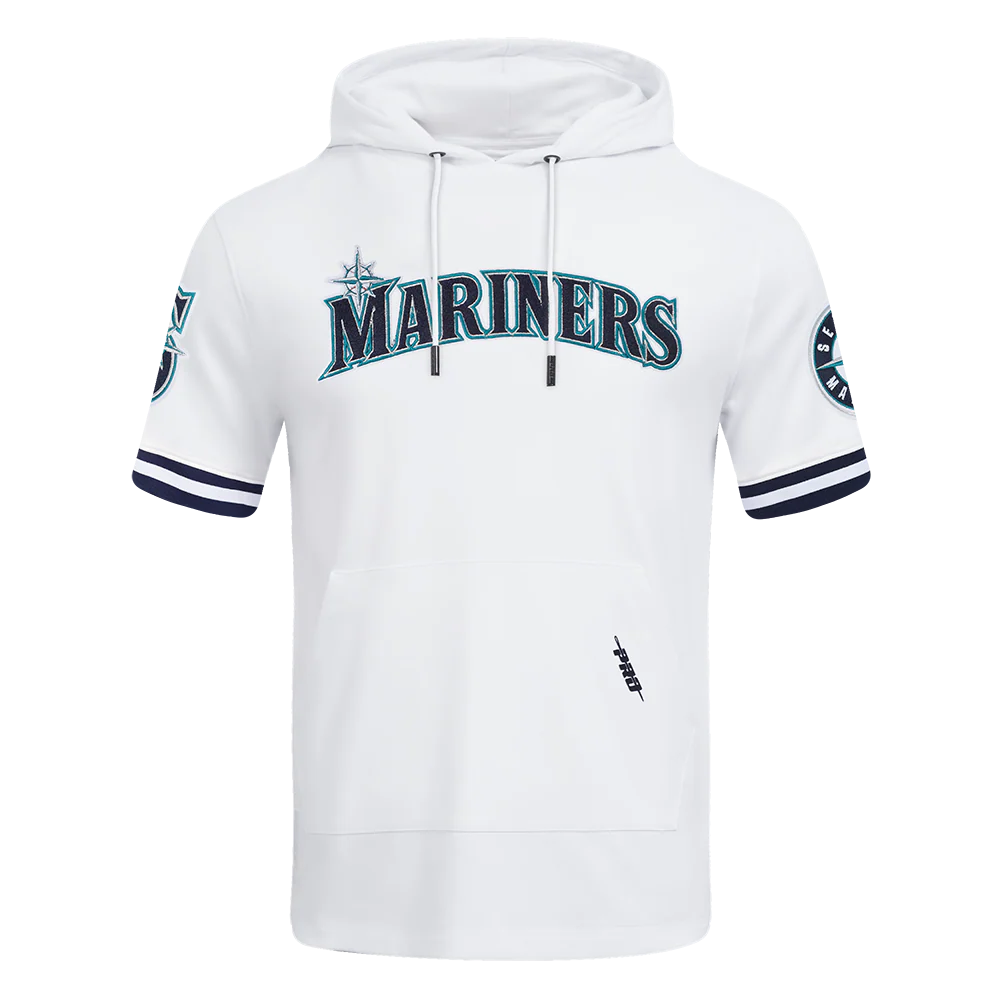 MLB SEATTLE MARINERS CLASSIC CHENILLE MEN'S DOUBLE KNIT SHORT SLEEVE PULLOVER HOODIE (WHITE/MIDNIGHT NAVY)