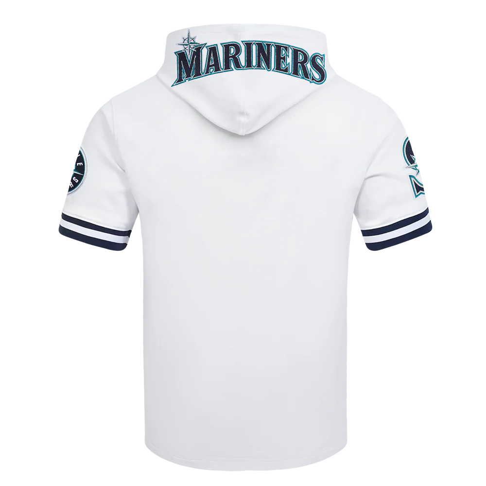 MLB SEATTLE MARINERS CLASSIC CHENILLE MEN'S DOUBLE KNIT SHORT SLEEVE PULLOVER HOODIE (WHITE/MIDNIGHT NAVY) - Image 3