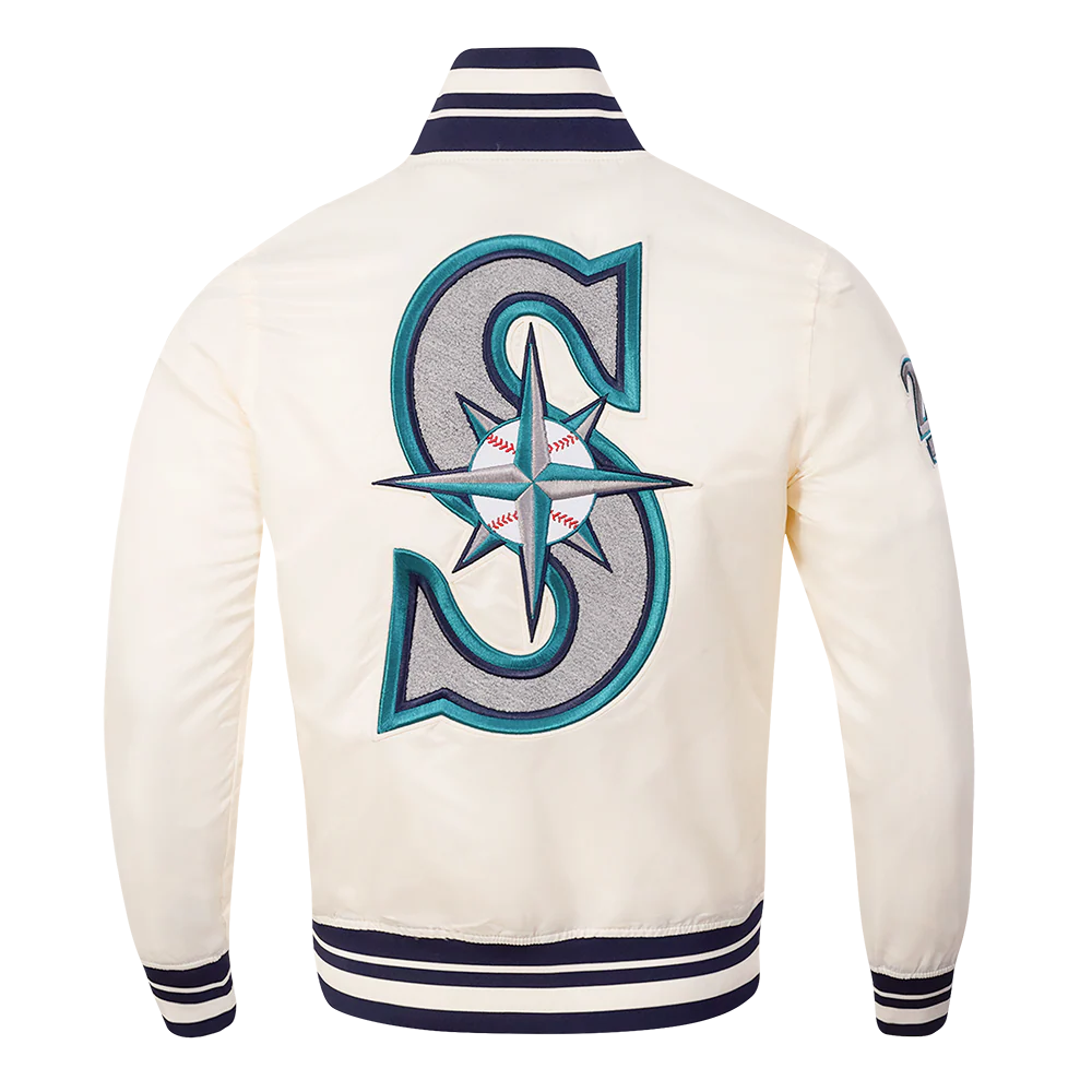 MLB SEATTLE MARINERS RETRO CLASSIC MEN'S RIB SATIN JACKET (EGGSHELL/ MIDNIGHT NAVY) - Image 3