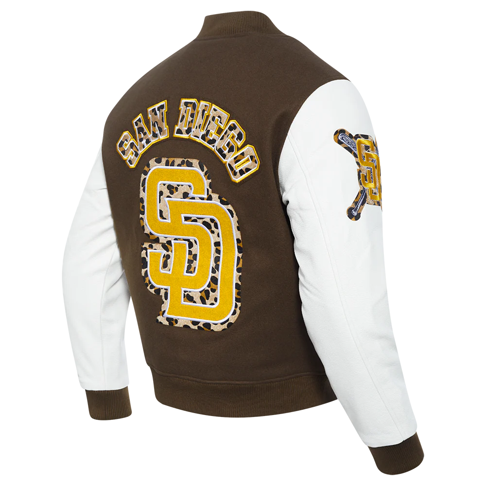 MLB SAN DIEGO PADRES ANIMAL PRINT MEN'S WOOL VARSITY JACKET (BROWN/WHITE) - Image 4