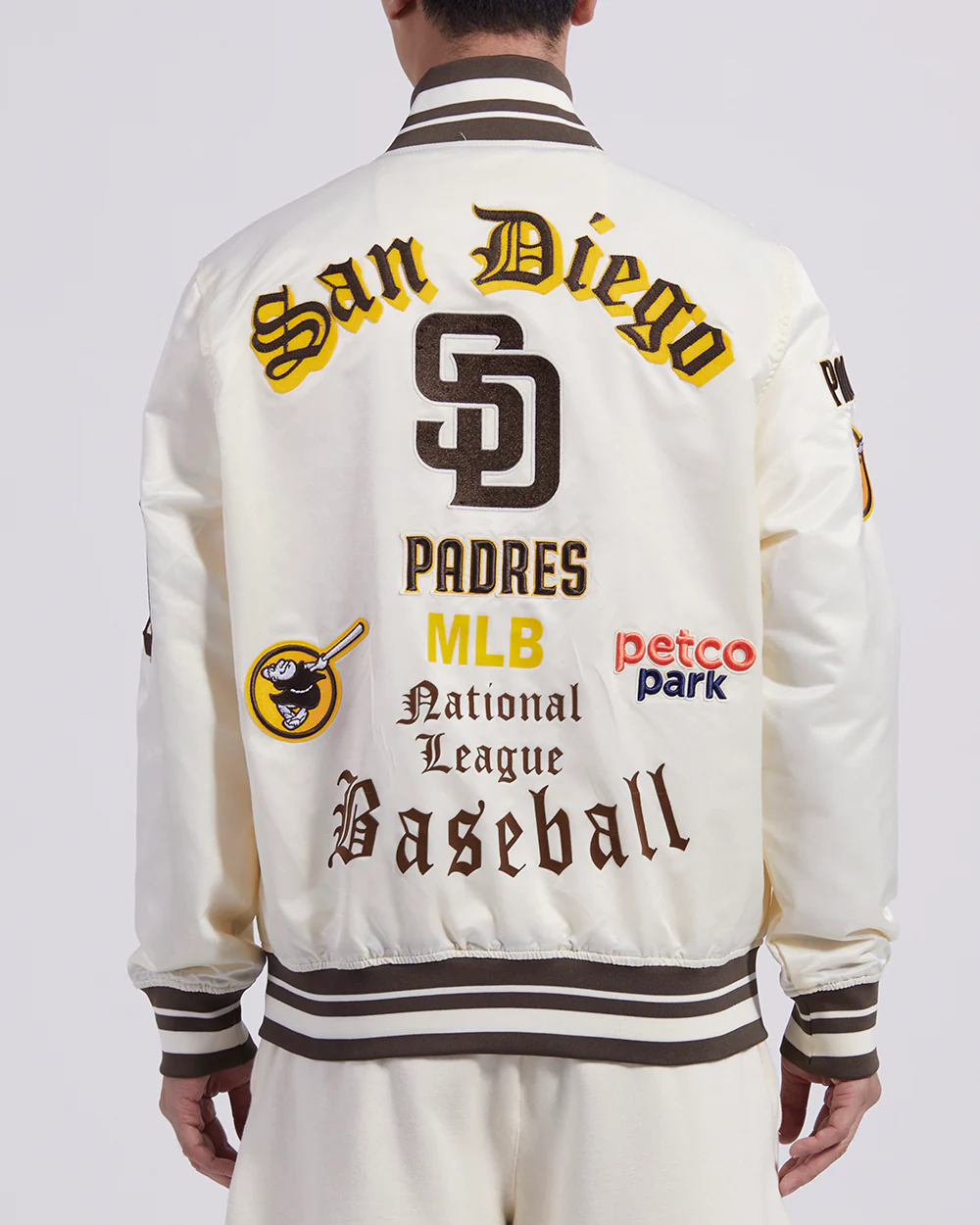 MLB SAN DIEGO PADRES OLD ENGLISH MEN'S RIB SATIN JACKET (EGGSHELL/ BROWN) - Image 3
