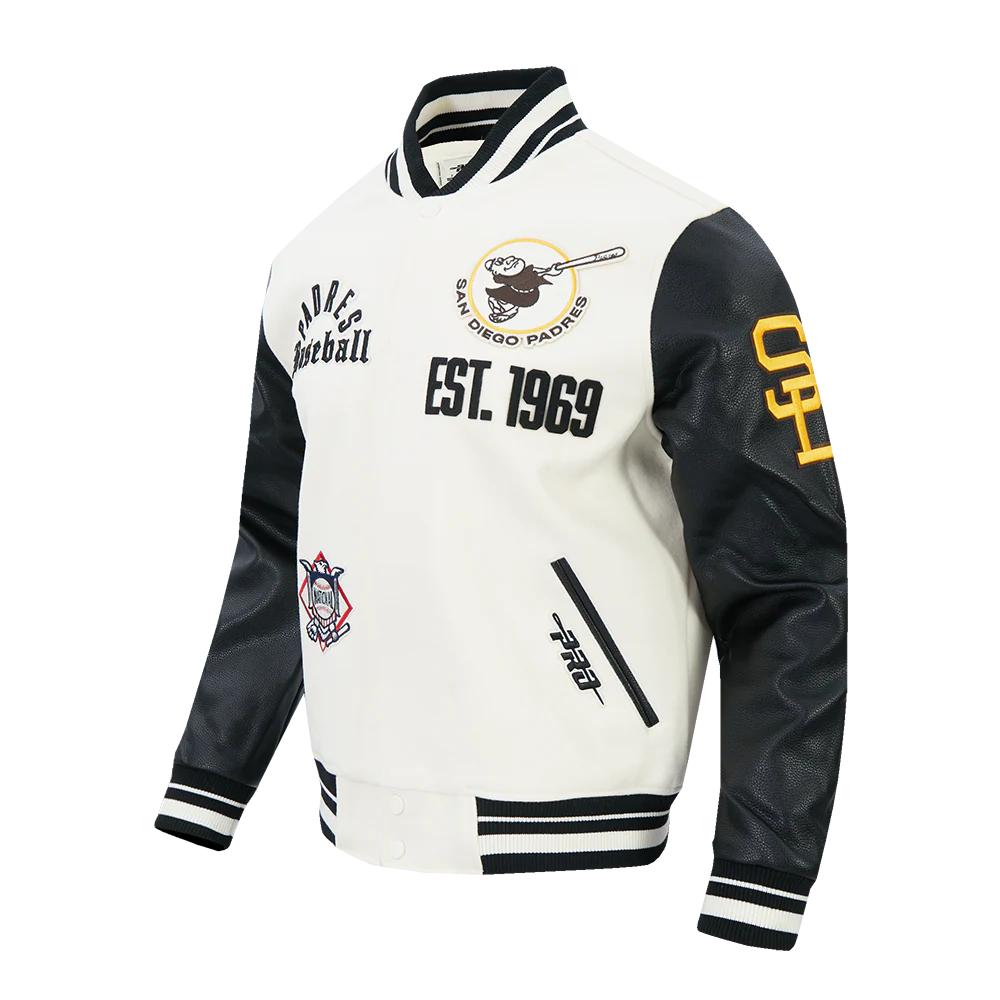 MLB SAN DIEGO PADRES MODERN ORIGINALS MEN'S RIB WOOL VARSITY JACKET (EGGSHELL/ BLACK) - Image 3