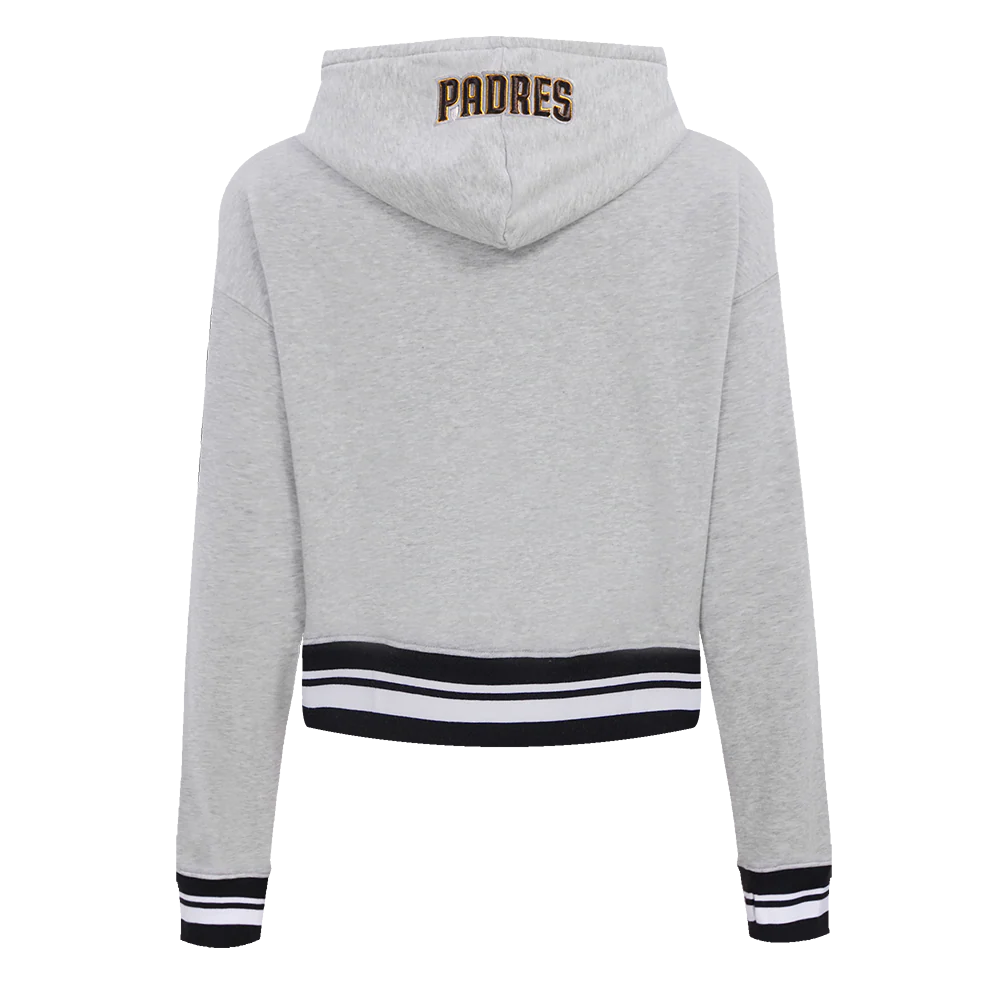 MLB SAN DIEGO PADRES SCRIPT TAIL WOMEN'S RIB FLEECE CROPPED PULLOVER HOODIE (HEATHER GRAY/BLACK) - Image 3