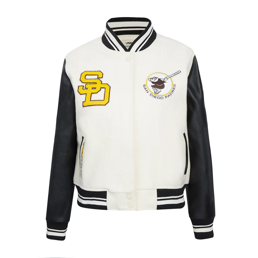 MLB SAN DIEGO PADRES RETRO CLASSIC WOMEN'S RIB WOOL VARSITY JACKET (EGGSHELL/ BLACK)