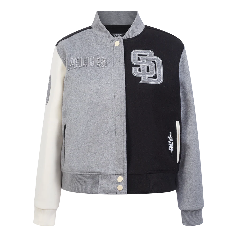 MLB SAN DIEGO PADRES REVERSE FRENCH TERRY WOMEN'S WOOL VARSITY JACKET (BLACK/GRAY/EGGSHELL) - Image 3