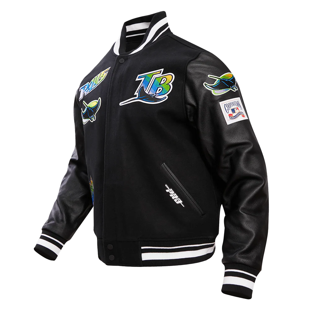 MLB TAMPA DEVIL RAYS RETRO CLASSIC MEN'S RIB WOOL VARSITY JACKET (BLACK/WHITE) - Image 2