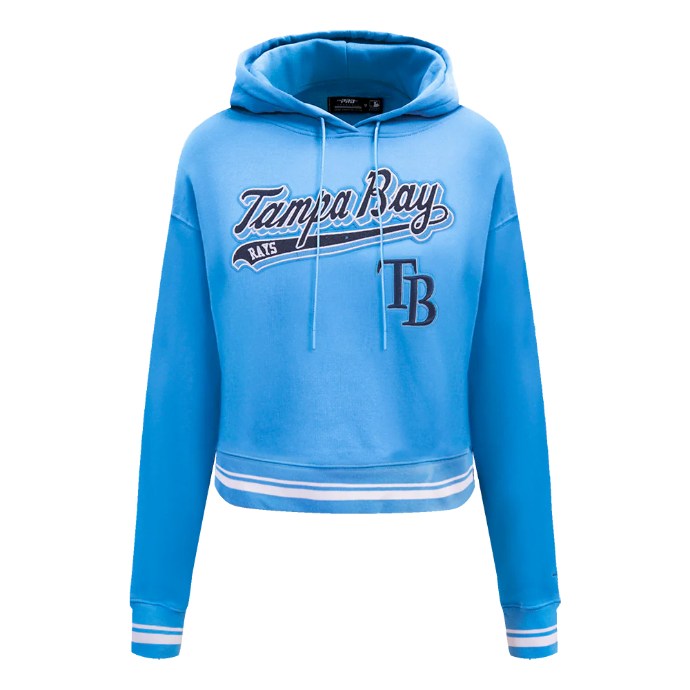 MLB TAMPA BAY RAYS SCRIPT TAIL WOMEN'S RIB FLEECE CROPPED PULLOVER HOODIE (UNIVERSITY BLUE)
