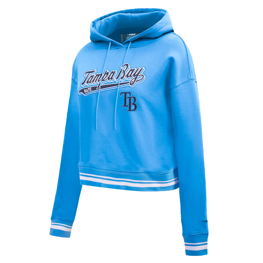MLB TAMPA BAY RAYS SCRIPT TAIL WOMEN'S RIB FLEECE CROPPED PULLOVER HOODIE (UNIVERSITY BLUE) - Image 2