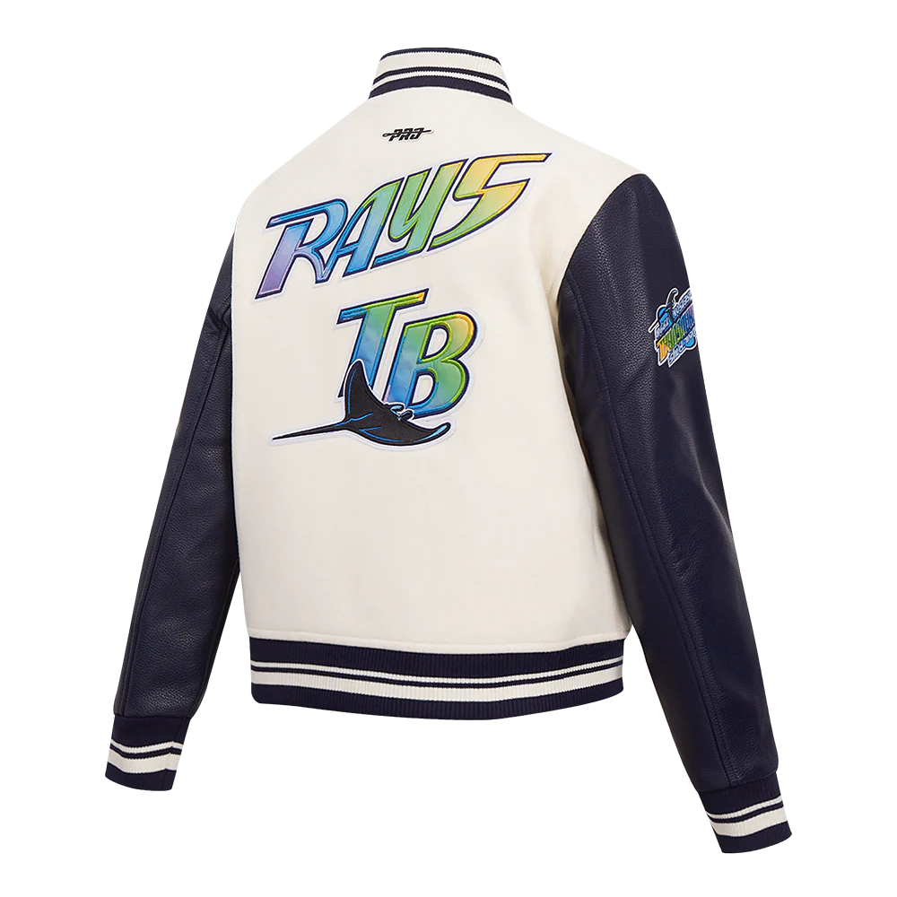MLB TAMPA BAY RAYS RETRO CLASSIC WOMEN'S RIB WOOL VARSITY JACKET (EGGSHELL/ MIDNIGHT NAVY) - Image 4