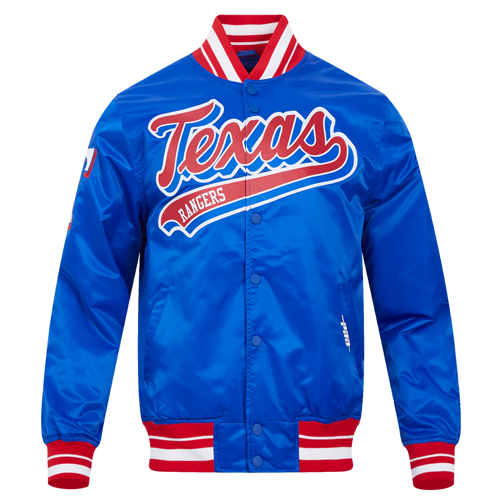 MLB TEXAS RANGERS SCRIPT TAIL MEN'S SATIN JACKET (ROYAL BLUE/RED)