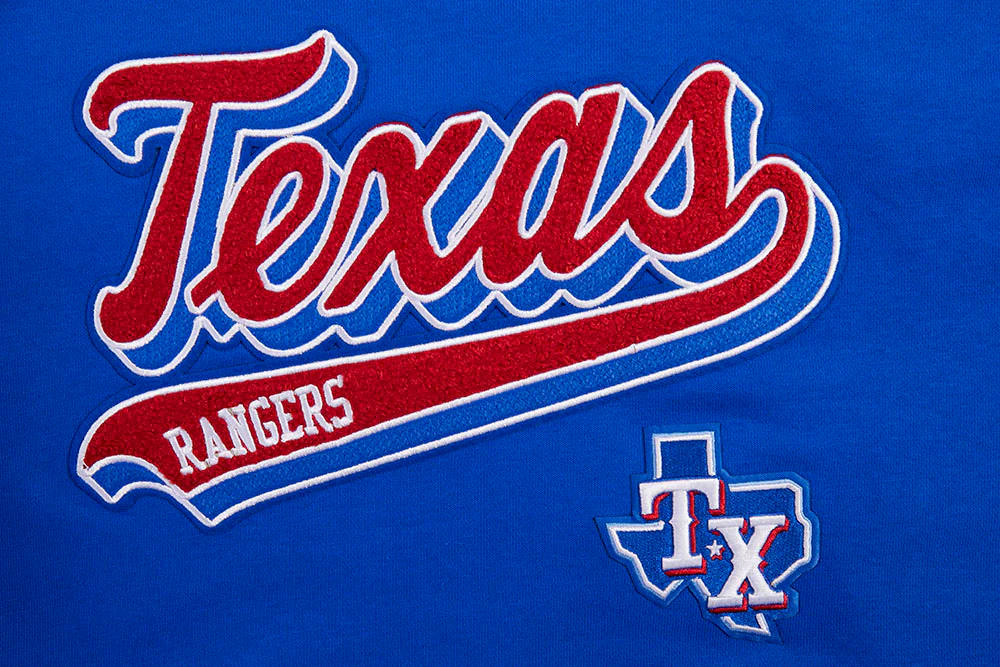 MLB TEXAS RANGERS SCRIPT TAIL WOMEN'S RIB FLEECE CROPPED PULLOVER HOODIE (ROYAL BLUE/RED) - Image 5