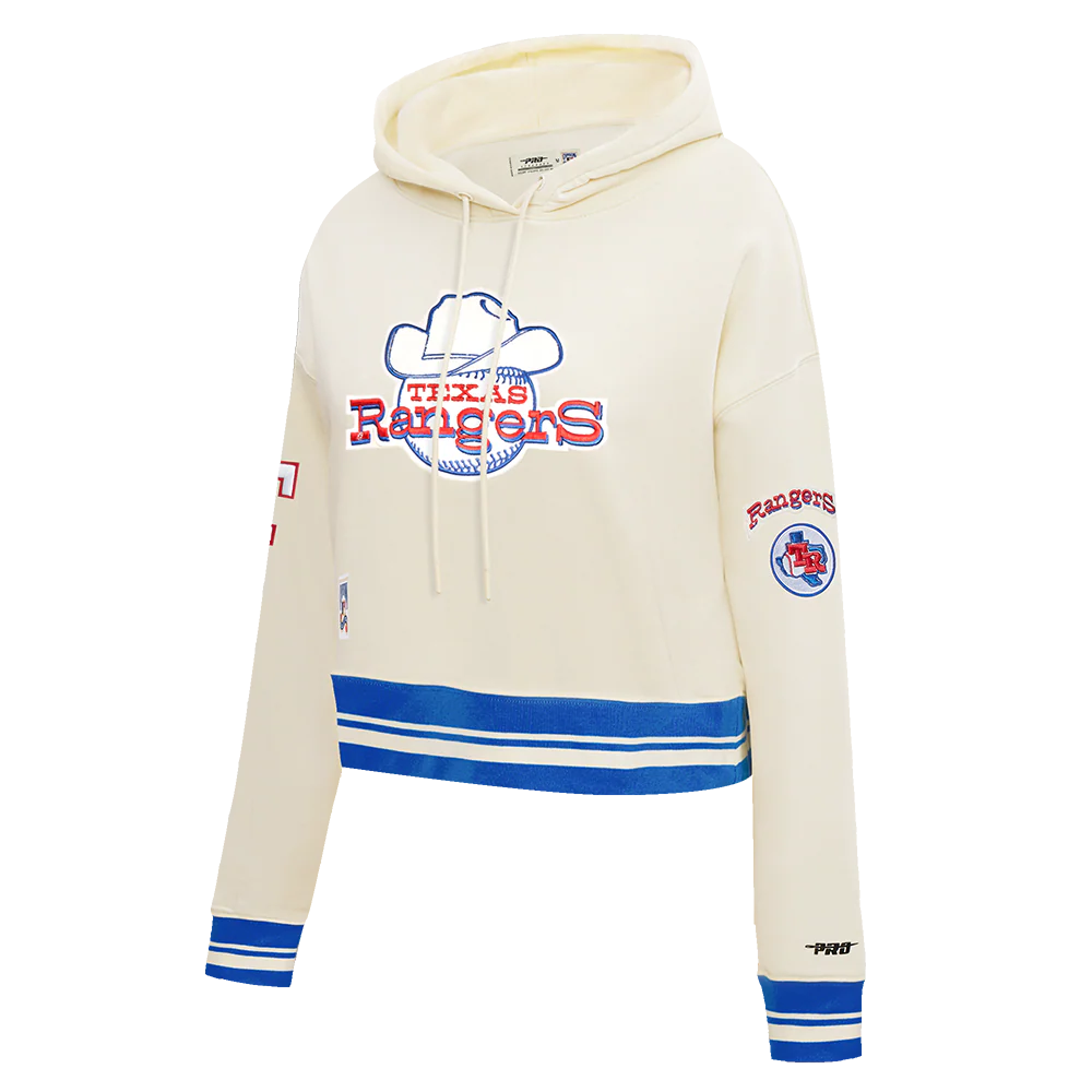 MLB TEXAS RANGERS RETRO CLASSIC WOMEN'S RIB CROPPED PULLOVER HOODIE (EGGSHELL/ROYAL BLUE) - Image 2