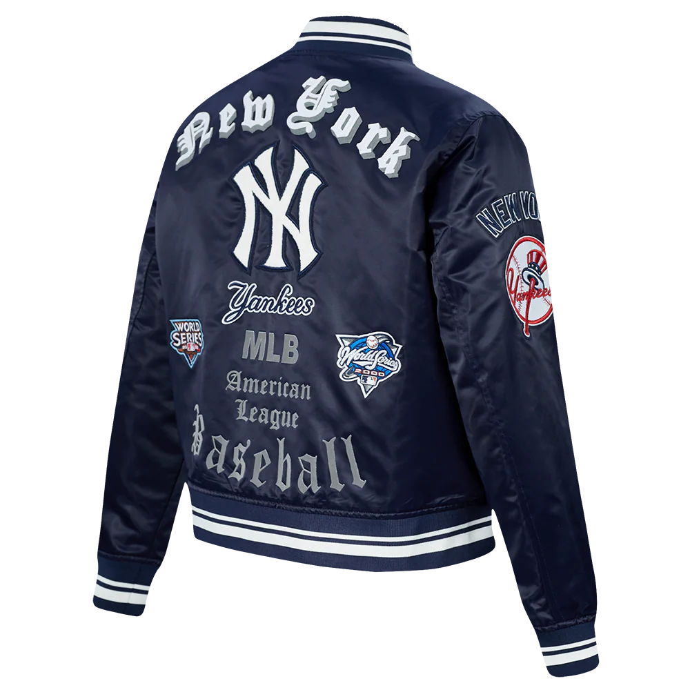 MLB NEW YORK YANKEES OLD ENGLISH WOMEN'S RIB SATIN JACKET (MIDNIGHT NAVY) - Image 4