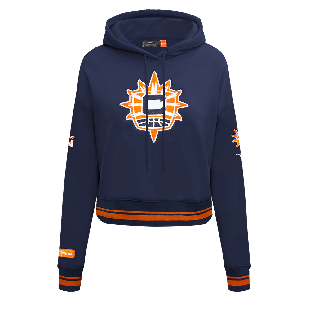 WNBA CONNECTICUT SUN RETRO CLASSICS WOMEN'S RIB FLEECE CROPPED PULLOVER HOODIE (MIDNIGHT NAVY/ORANGE/MIDNIGHT NAVY)