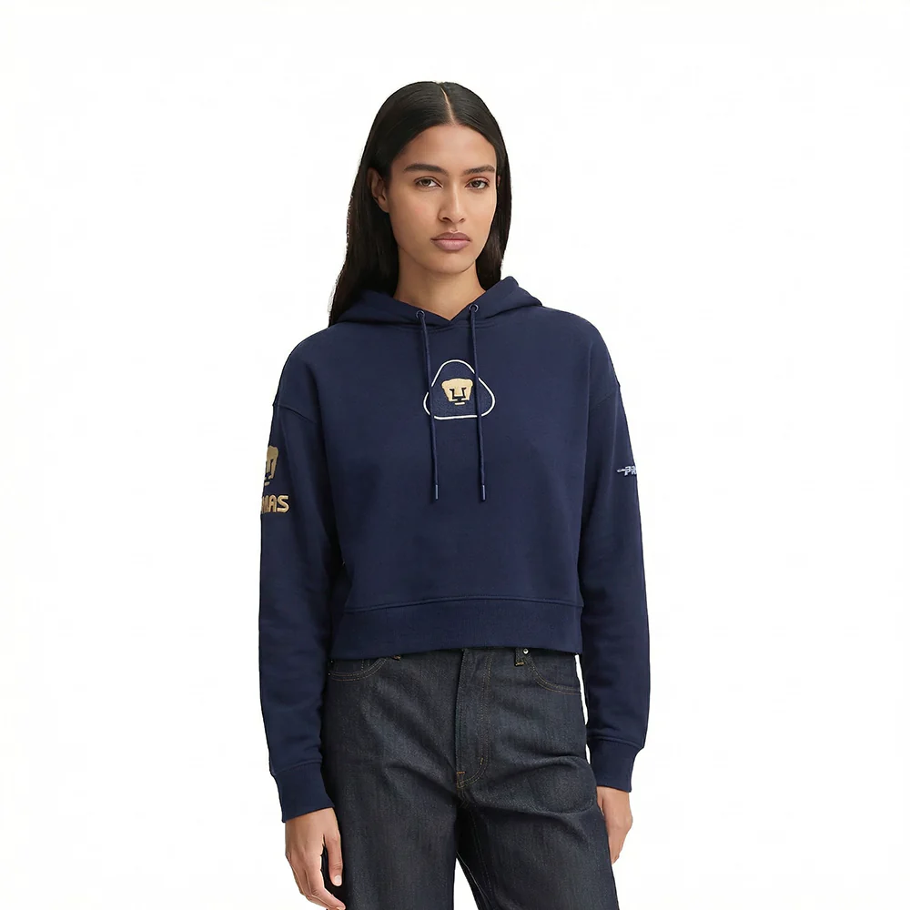 LIGA MX PUMAS UNAM CLASSIC CHENILLE WOMEN'S FLC CROPPED PO HOODIE (MIDNIGHT NAVY)